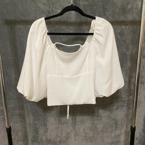 HYFVE White Crop Top with Statement Sleeves and Lace Up Back